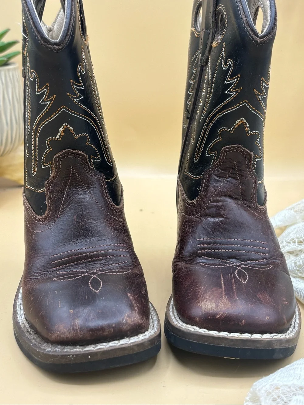 Old West Kids Cowboy Boots Size 4.5 Brown Black Leather Western Square Toe